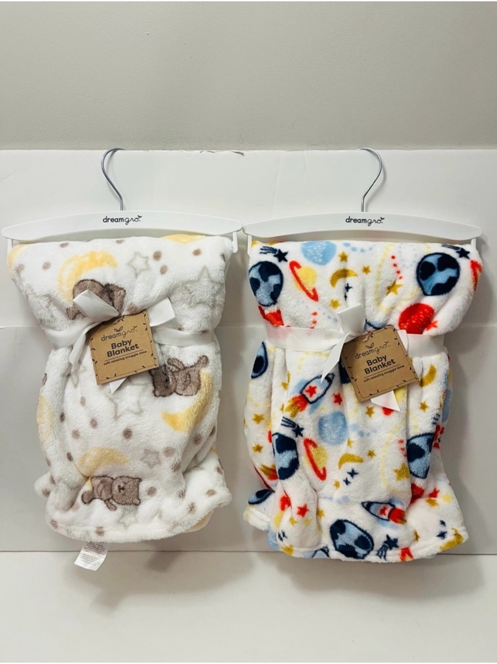 Dreamgro Baby Blankets Lot of 2 Bears Moons Stars & Space Rocket Planet Saturn